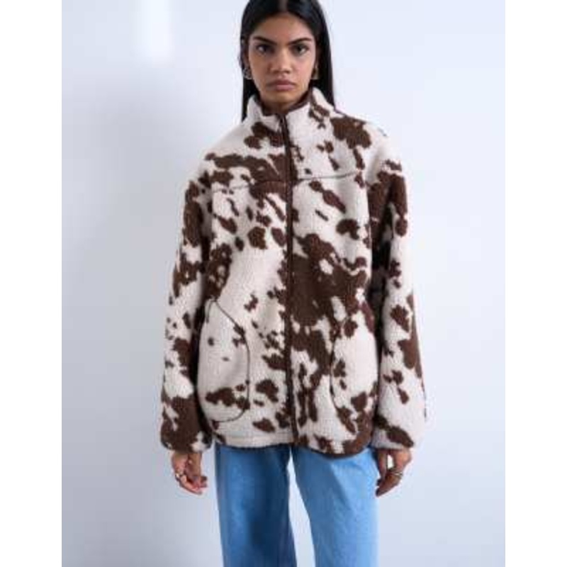 Topshop fleece borg jacket in cow print