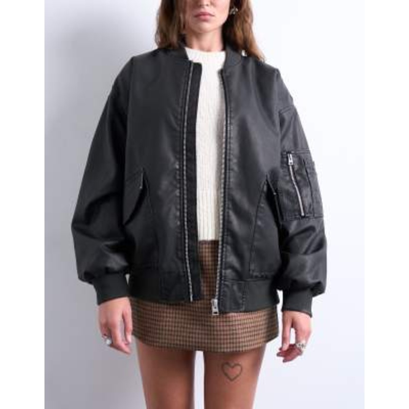 Topshop oversized faux leather washed MA1 bomber jacket in washed black