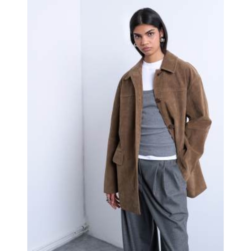 Topshop premium real suede patch pocket boxy jacket in tan
