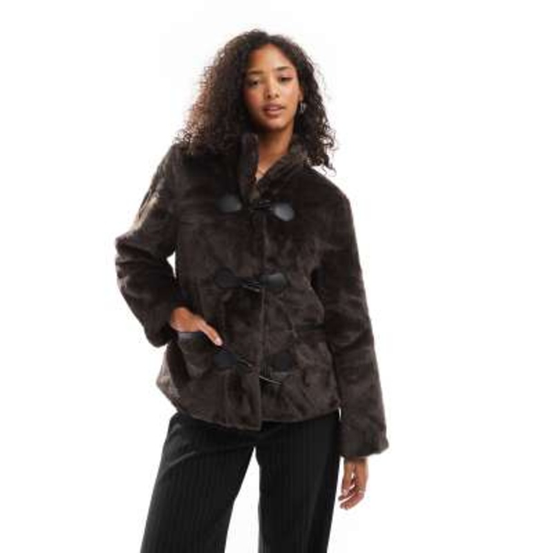 Vero Moda faux fur jacket with toggle closure in chocolate brown