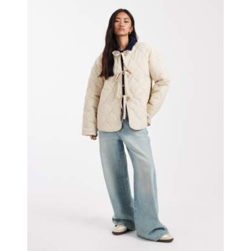 Vero Moda tie front quilted jacket in oatmeal