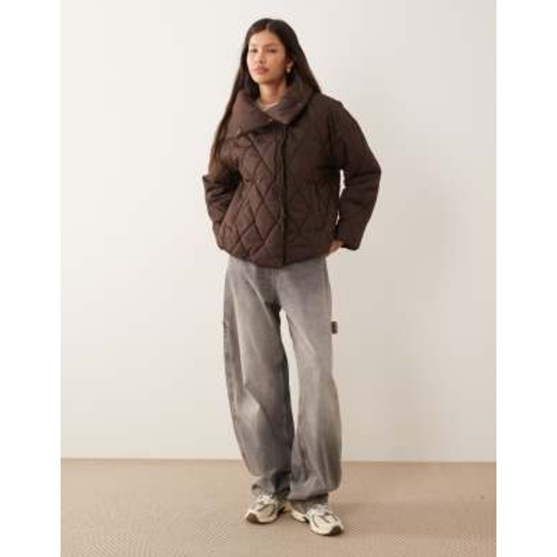 Vila high neck quilted jacket with tie details in chocolate brown