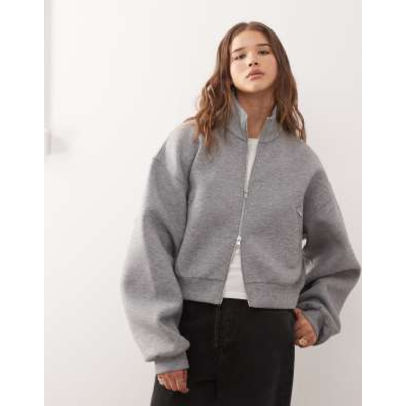 Weekday oversized boxy fit zip up track jacket in heather gray scuba-style fabric