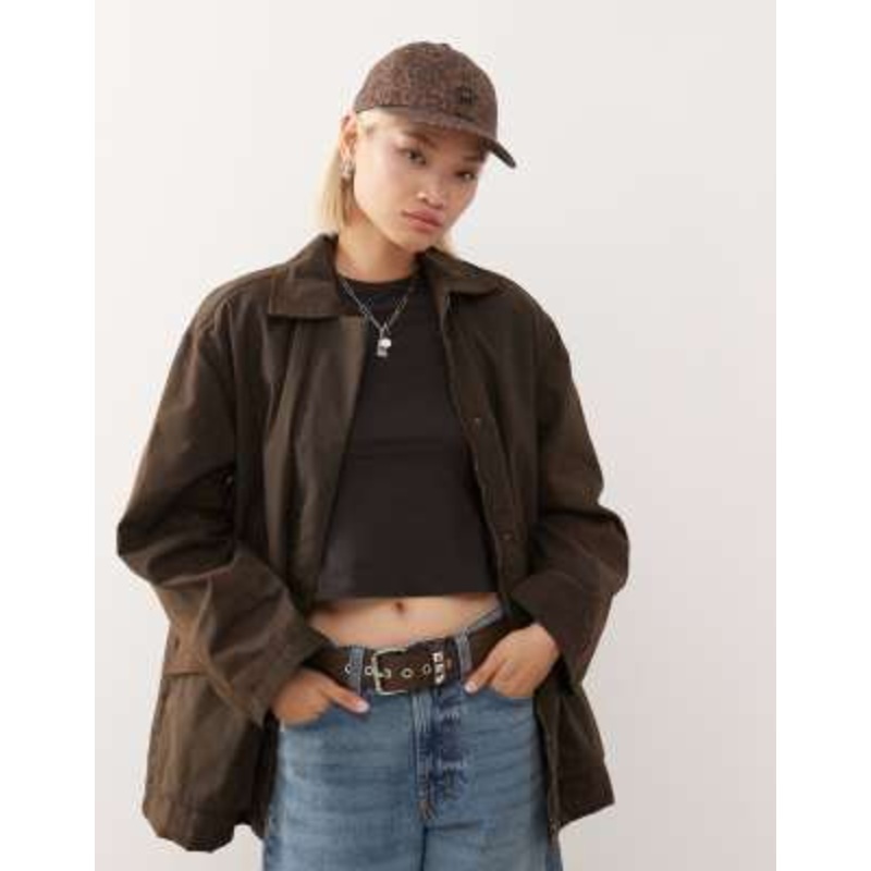 Weekday oversized wax barn jacket in dark brown
