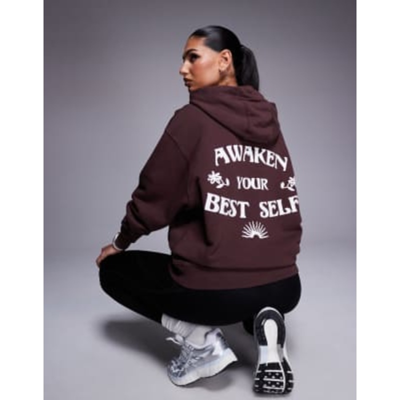 4505 quick dry oversized training hoodie with back print in washed brown