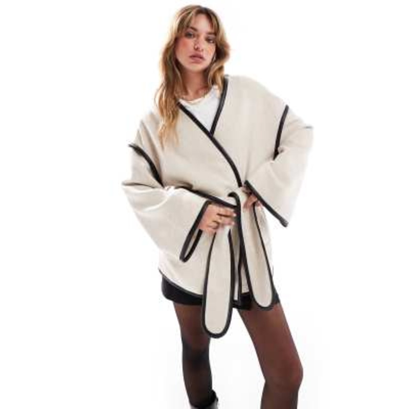 4th & Reckless wool mix contrast edge belted jacket in cream