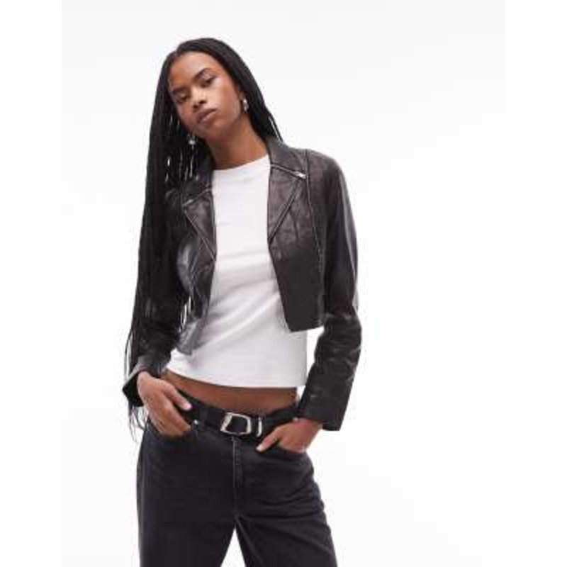 AllSaints Landers leather cropped moto jacket in black