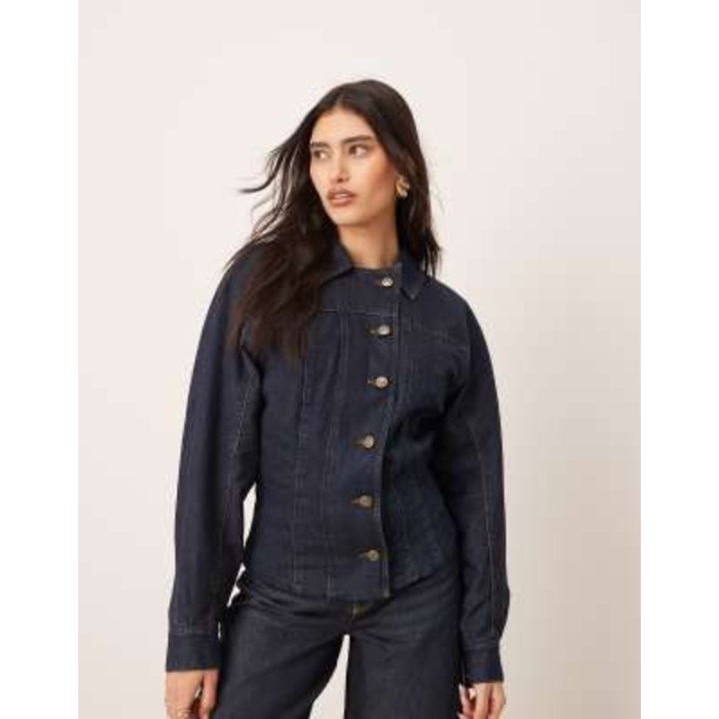 ARRANGE denim sculpted jacket with zip up detail and Parker denim high waist slouchy turn-up jeans in indigo