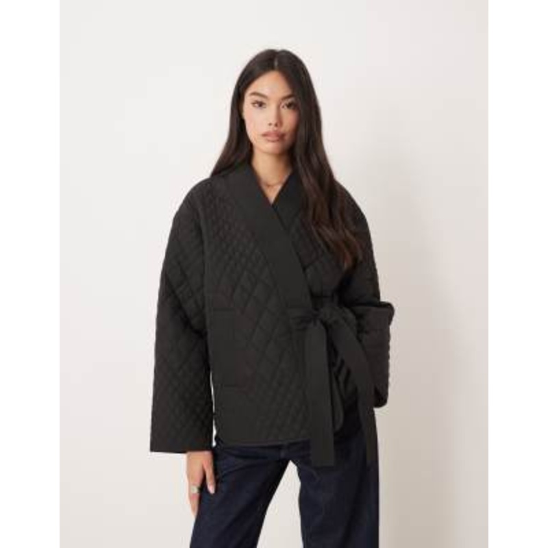 AWARE quilted clean wrap tie side jacket in black