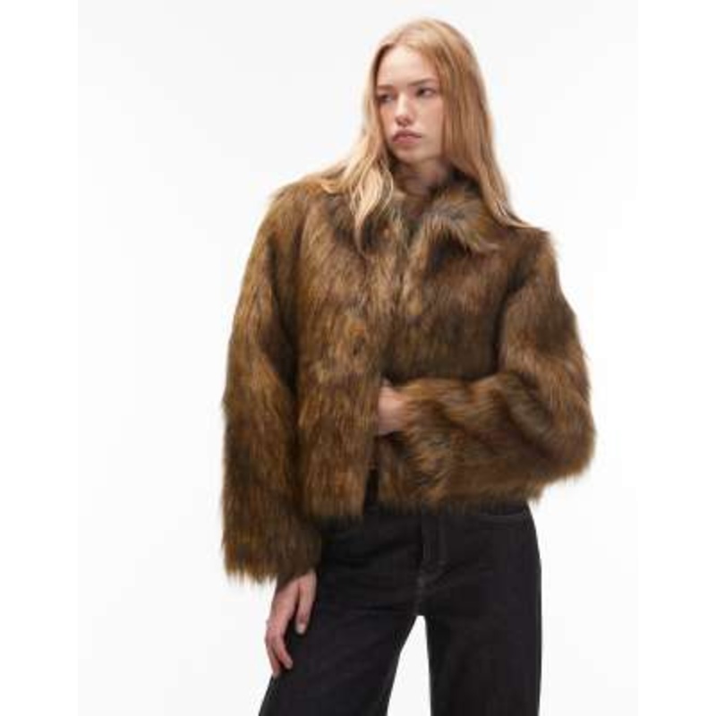 COLLUSION tipped faux fur short jacket in brown