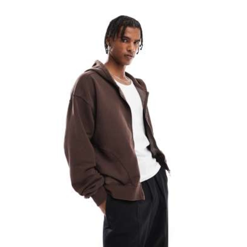 Cotton On cropped zip up hoodie in dark oak
