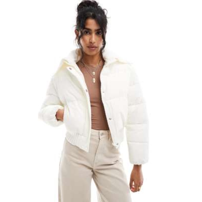 Cotton On puffer jacket with knit collar in coconut milk