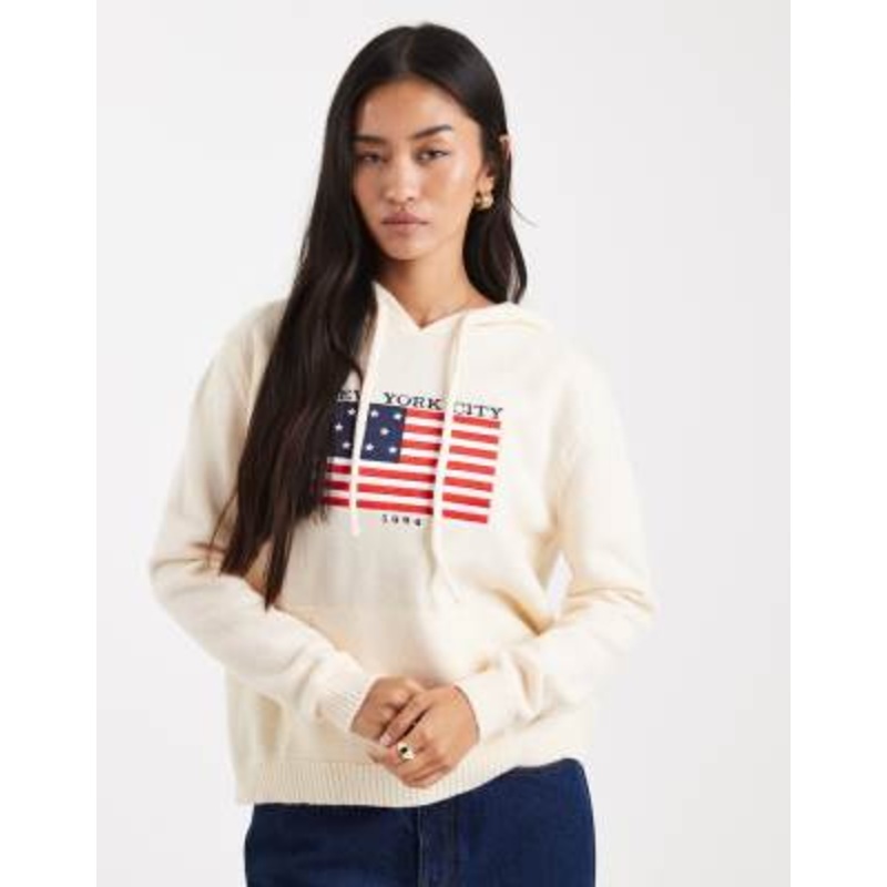 Daisy Street wide rib hoodie with flag applique and embroidery in cream