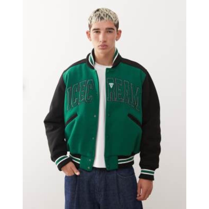 Ice Cream college varsity bomber jacket in green and black