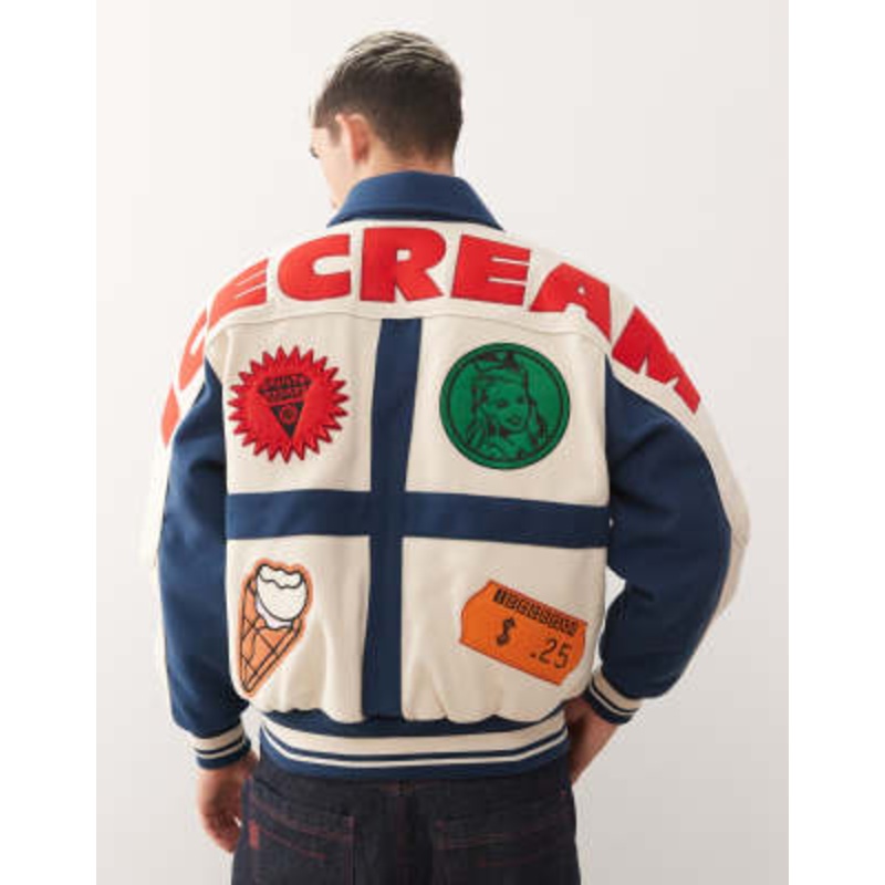 ICECREAM checkout varsity jacket in white and blue