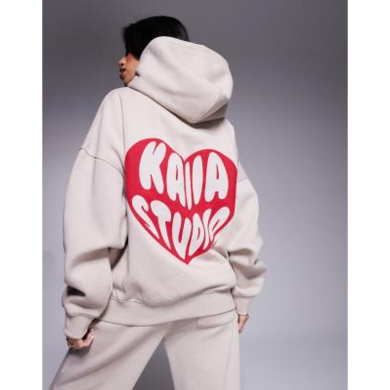 Kaiia cotton blend heart logo oversized hoodie in stone and red – part of a set