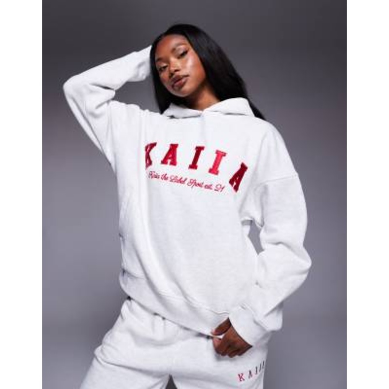 Kaiia cotton rich embroidered logo oversized hoodie in light gray heather and red – part of a set