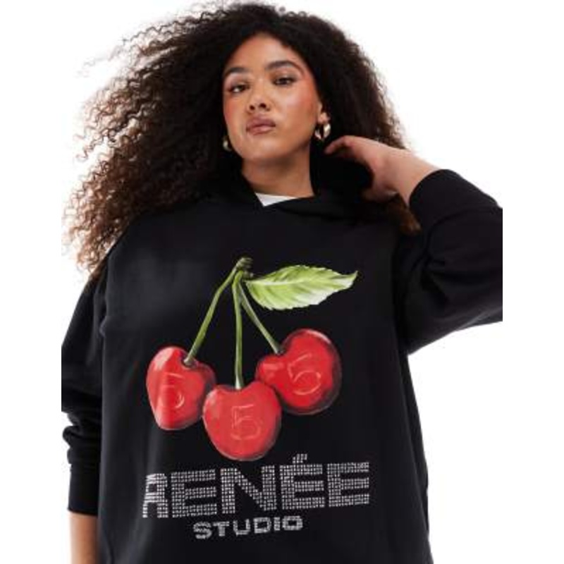 Renee Studio Plus x Michelle Nayla exclusive rhinestone cherry logo oversized hoodie in black – part of a set