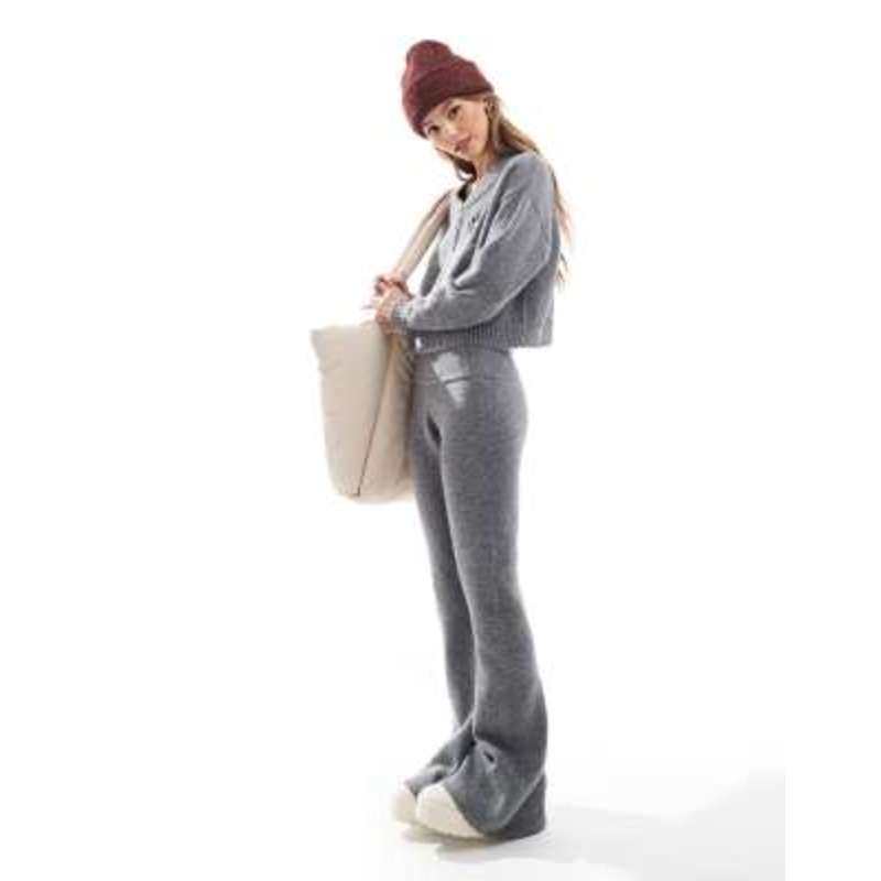 The Frolic exclusive knit cropped zip up jacket and flared pants set in charcoal