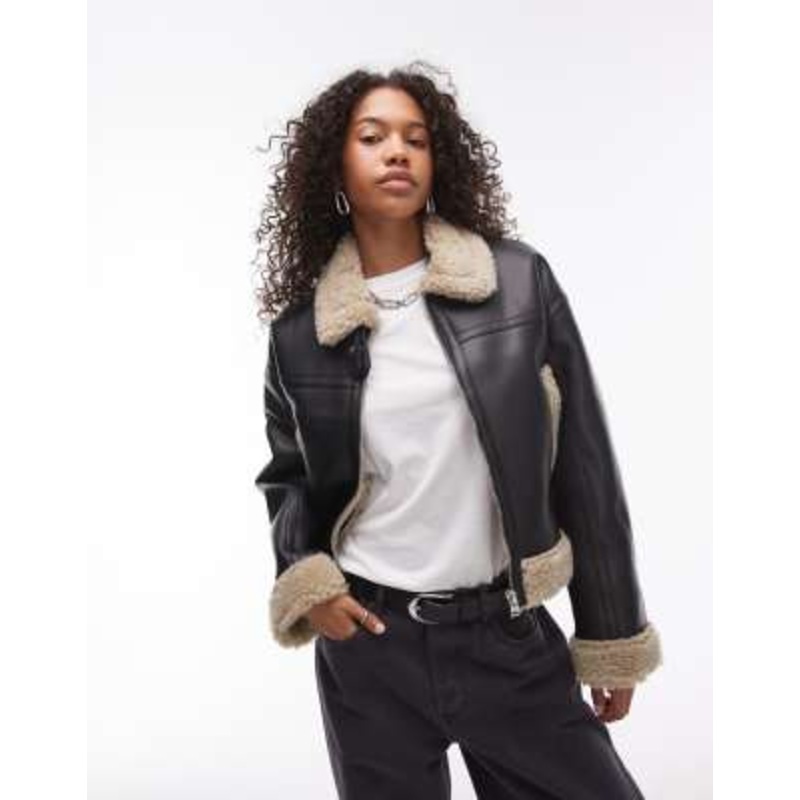 Topshop faux leather shearling fitted aviator jacket in black