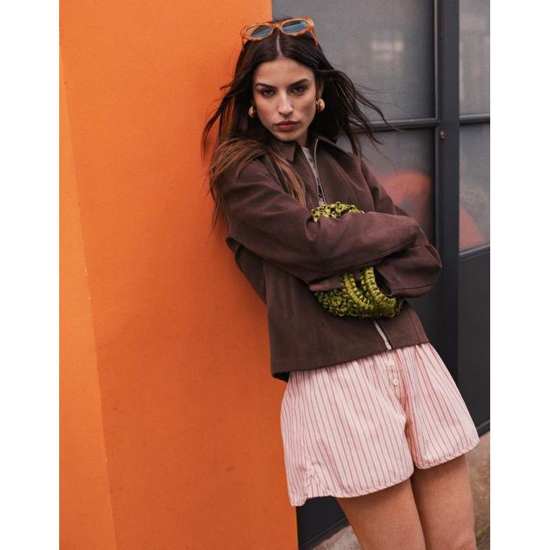 Topshop faux suede zip up jacket in brown