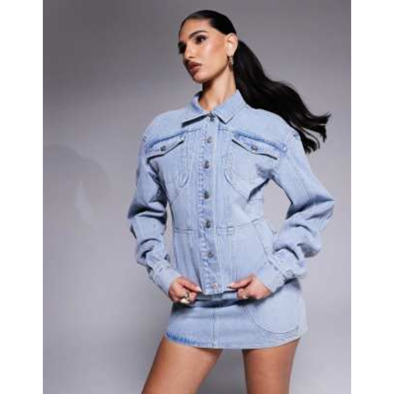 Wanderdoll Alix cinched waist seam detail denim jacket in light blue wash – part of a set