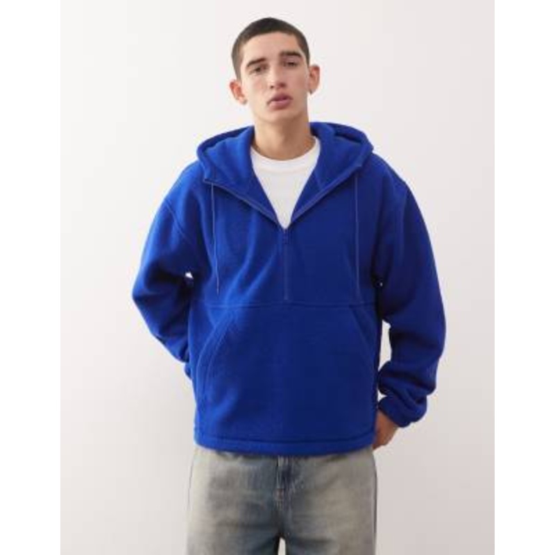 Weekday borg fleece half zip hoodie with elasticized hem in blue