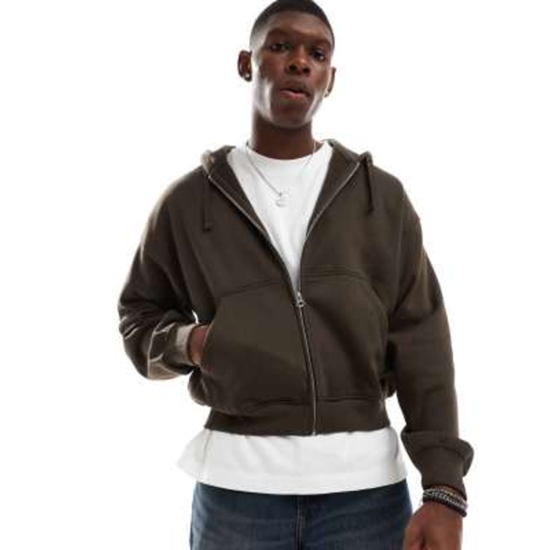 Weekday boxy fit jersey zip up hoodie in dark brown