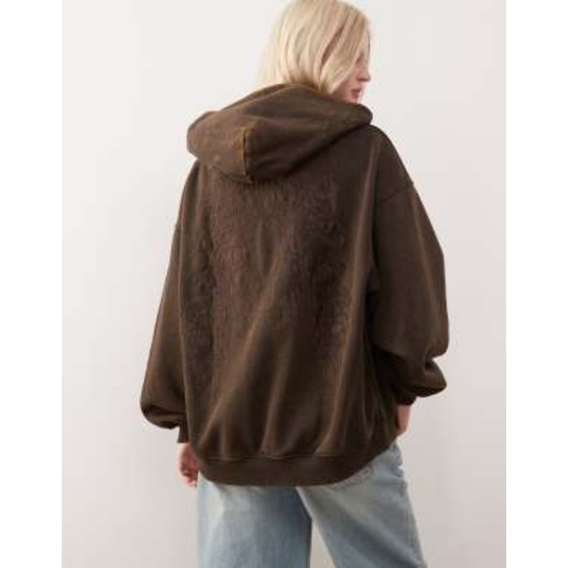 Weekday oversized embroidered hoodie in dark brown