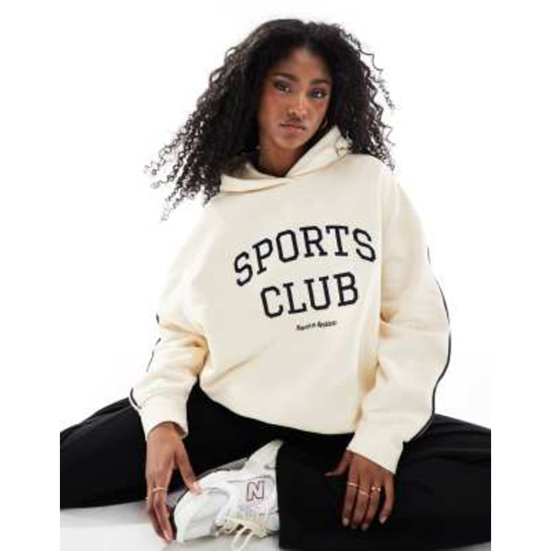 4th & Reckless sports club embroidered logo contrast sleeve hoodie in cream