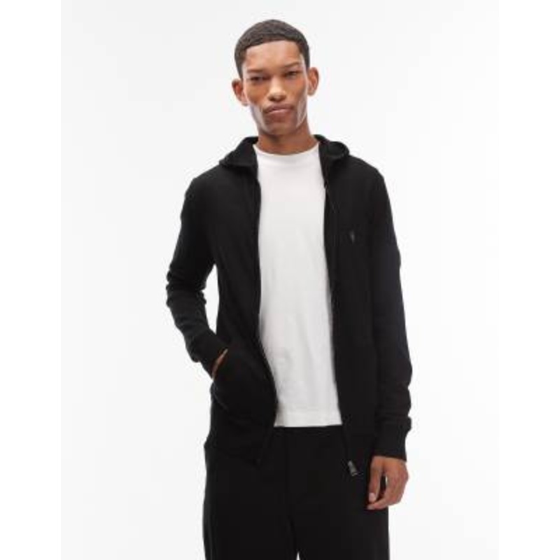AllSaints Mode merino wool zip up logo knit hoodie in black
