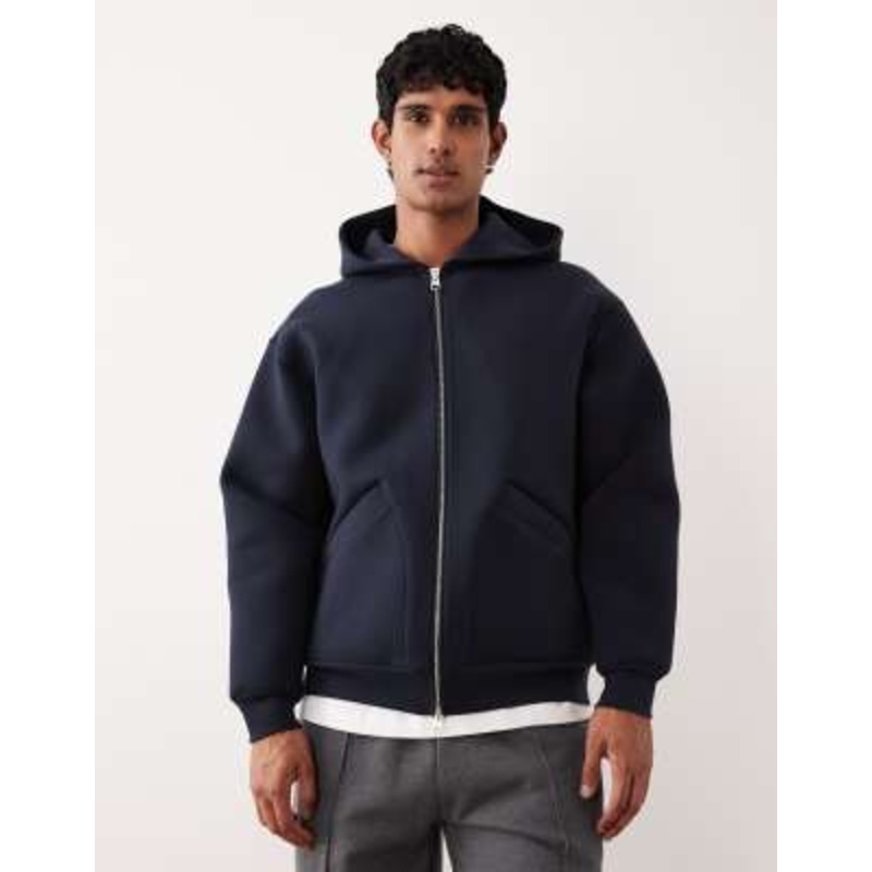 ARKET cotton blend zip up hoodie in dark blue scuba-style fabric