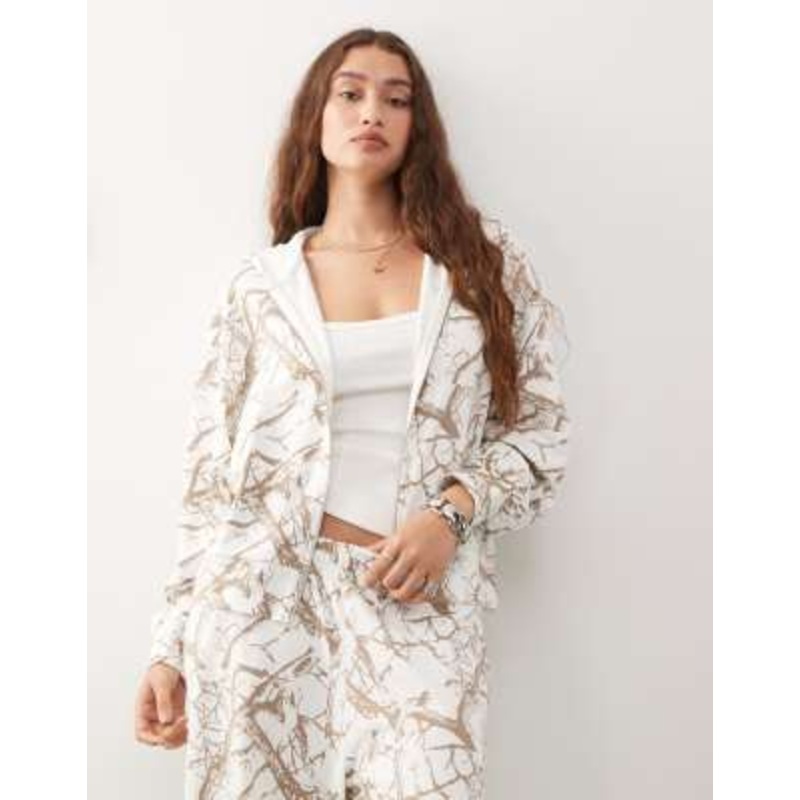 COLLUSION boxy fit zip up hoodie in white woodland print
