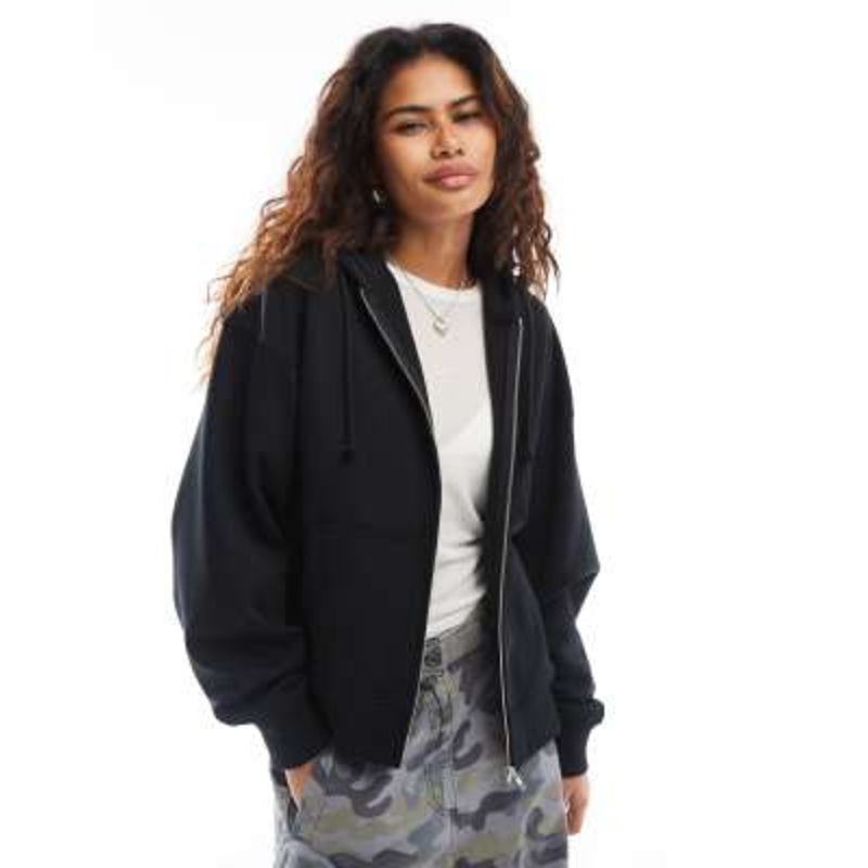 COLLUSION zip through boxy hoodie in black