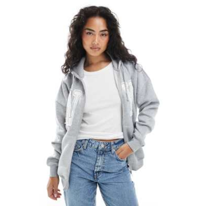 Daisy Street zip up hoodie with graphic in heather gray