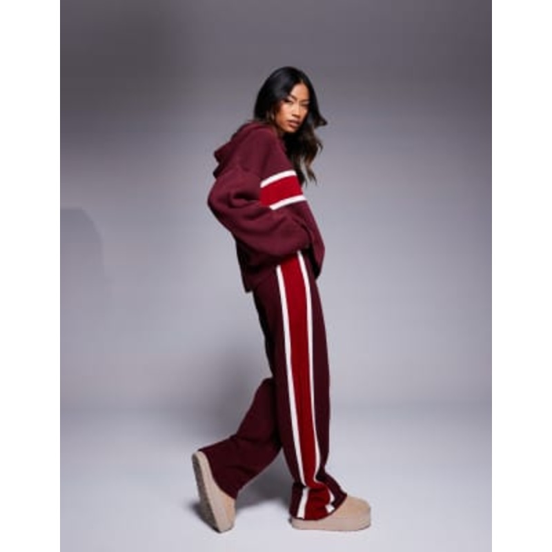 DESIGN fluffy knit hoodie and pants set in burgundy