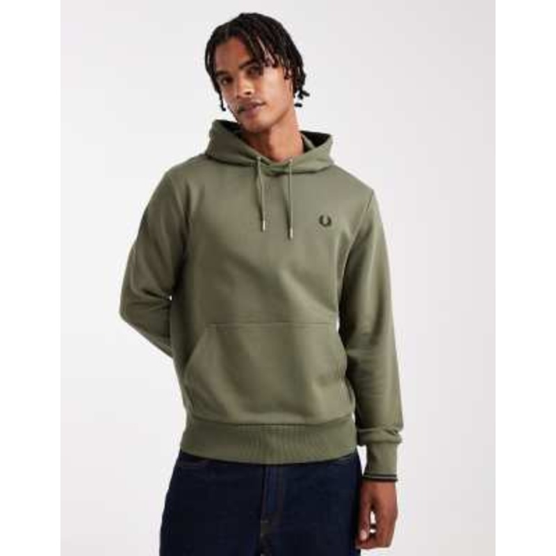 Fred Perry tipped logo hoodie in khaki green