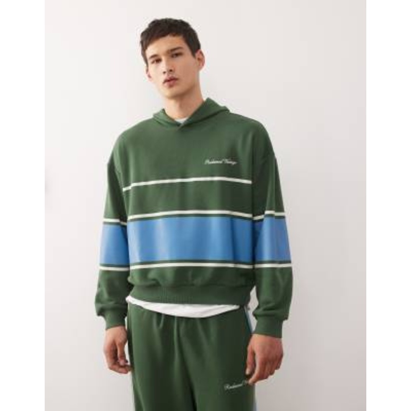 Reclaimed Vintage pullover hoodie with stripe in green – part of a set