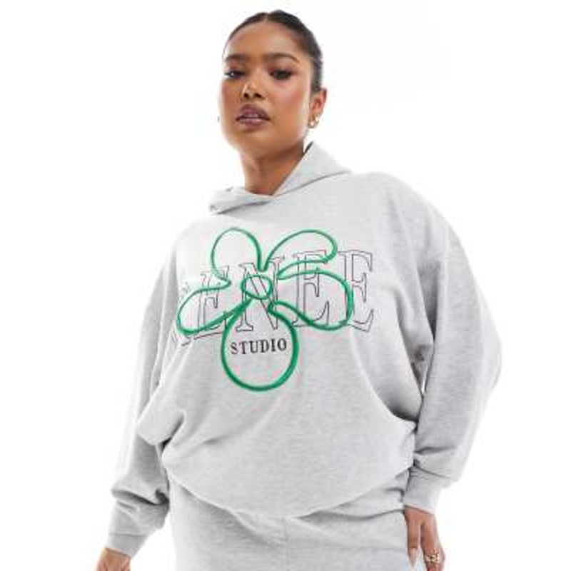 Renee Studio Plus exclusive embroidered flower logo oversized hoodie in gray – part of a set