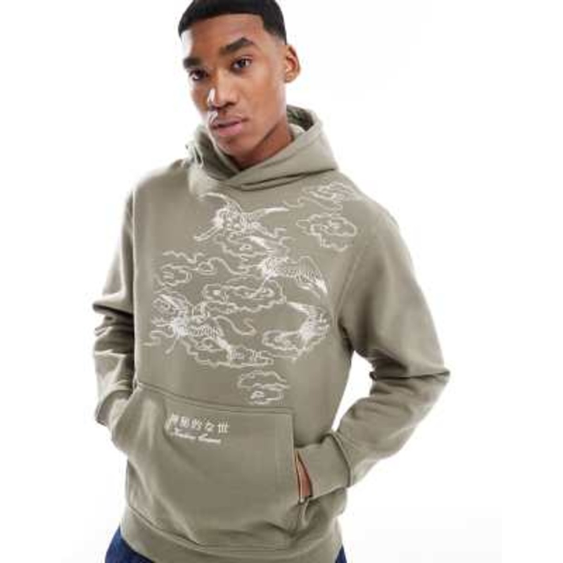 River Island oversized embroidered crane hoodie in khaki
