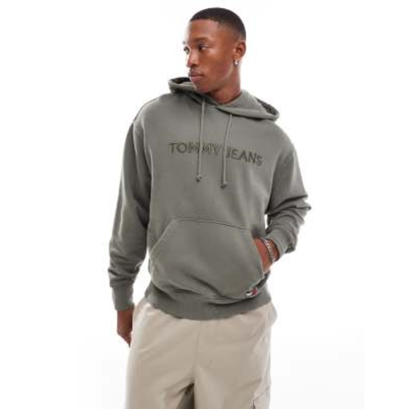 Tommy Jeans tonal linear logo hoodie in washed khaki