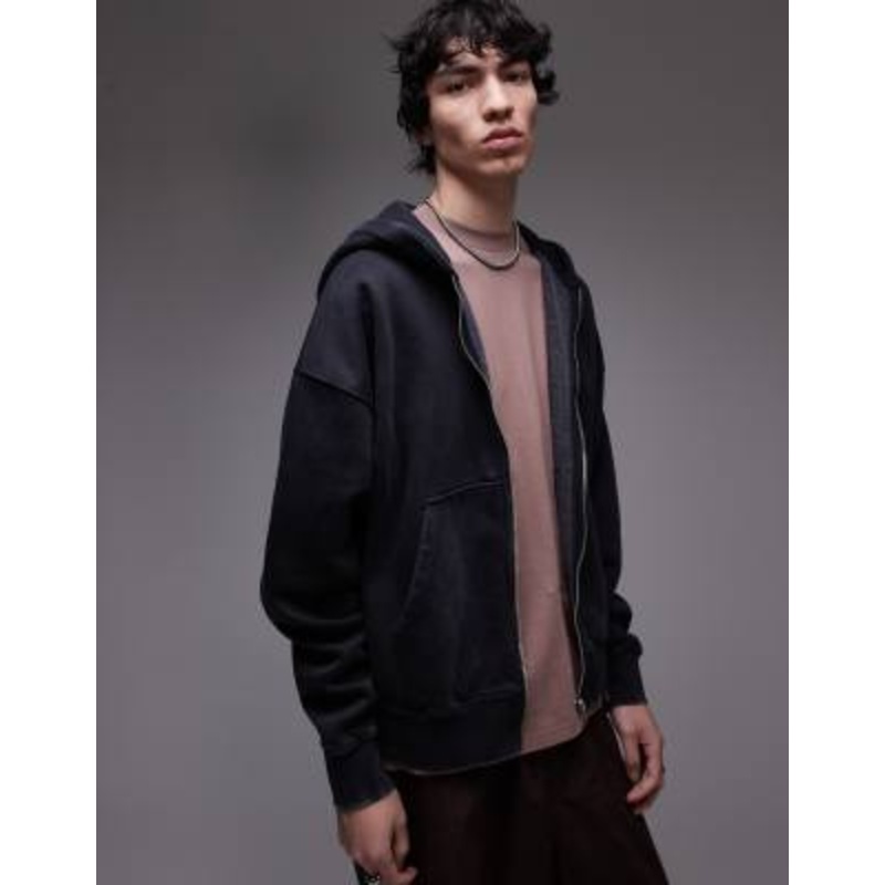 Topman premium heavyweight oversized fit acid wash zip up hoodie in washed black