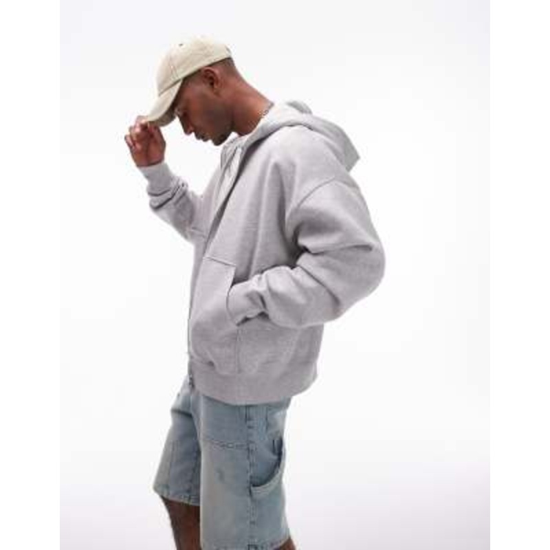 Topman premium heavyweight oversized full zip hoodie in gray heather