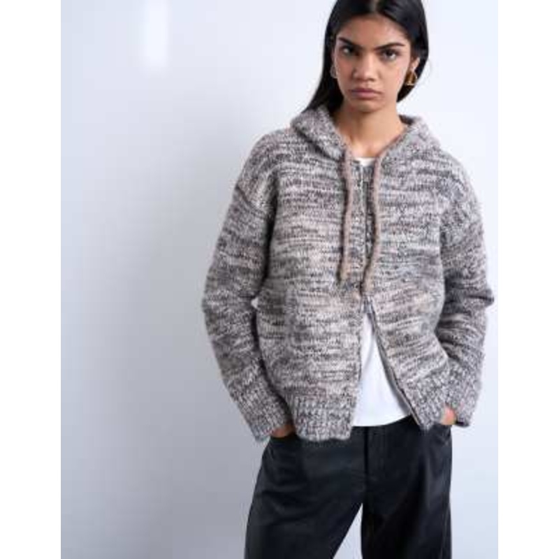 Topshop heavy twist yarn knit hoodie in gray