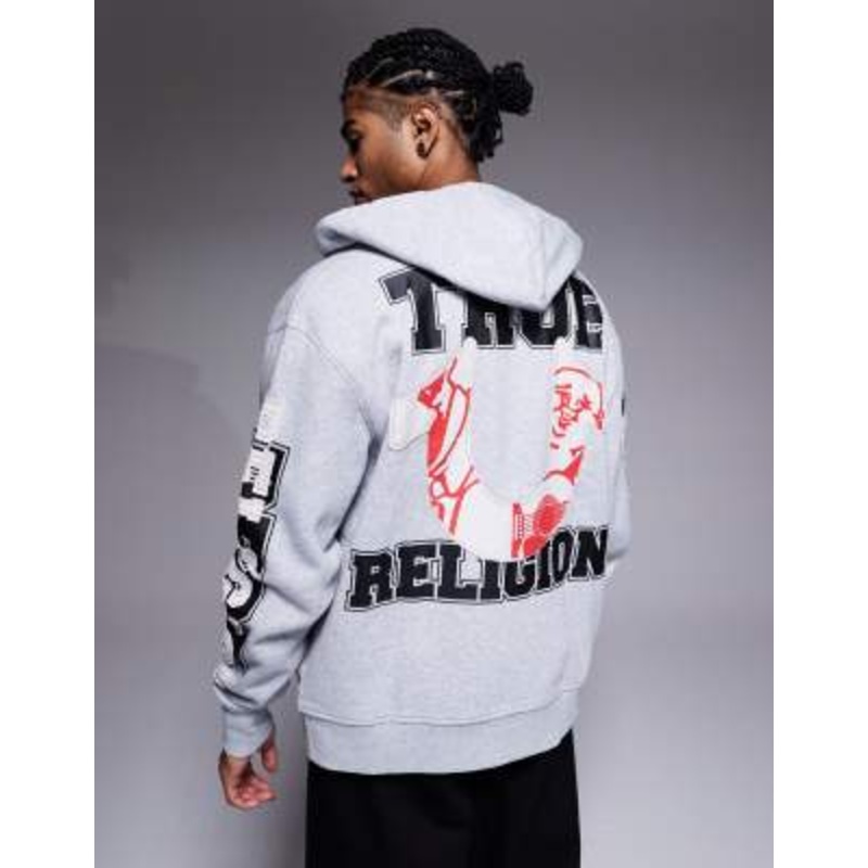 True Religion applique logo detail hoodie in gray