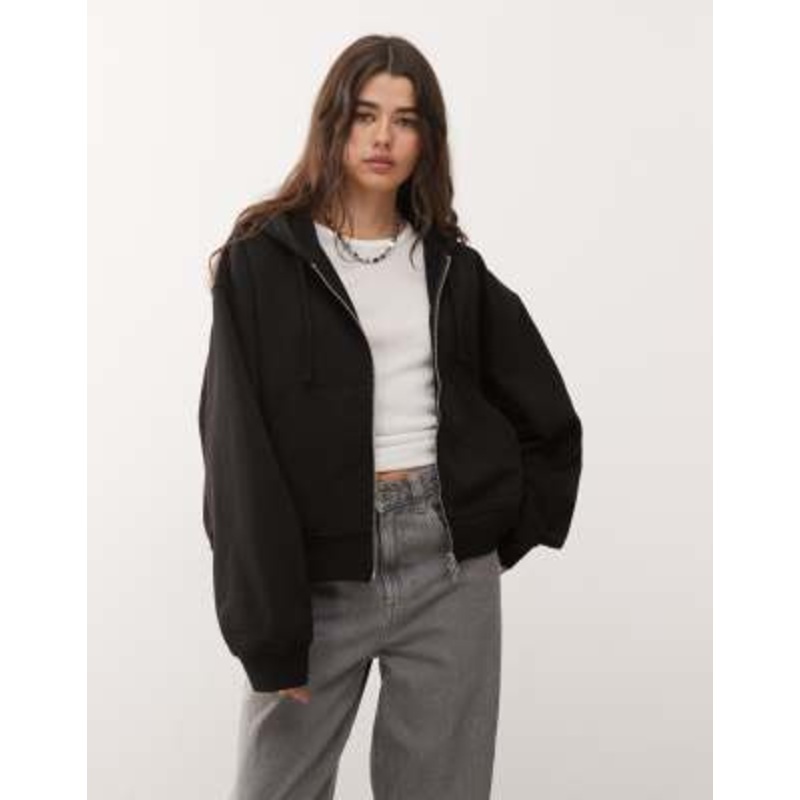 Weekday Essence boxy zip thru hoodie in black