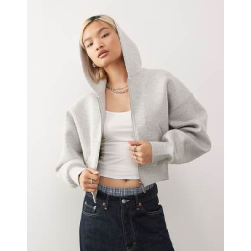 Weekday oversized boxy fit zip up hoodie in gray melange in scuba-style fabric