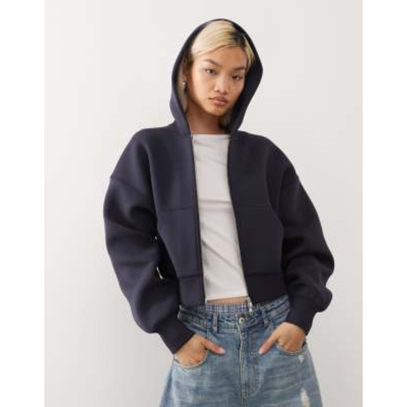 Weekday oversized boxy fit zip up hoodie in navy in scuba-style fabric