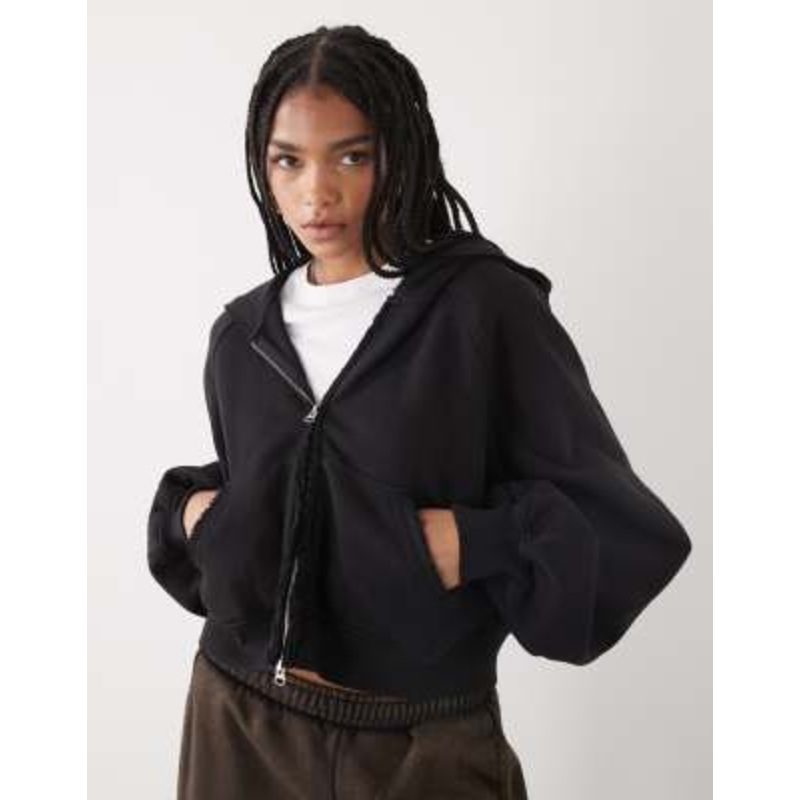 Weekday oversized cropped zip up hoodie with freyed hems in washed black