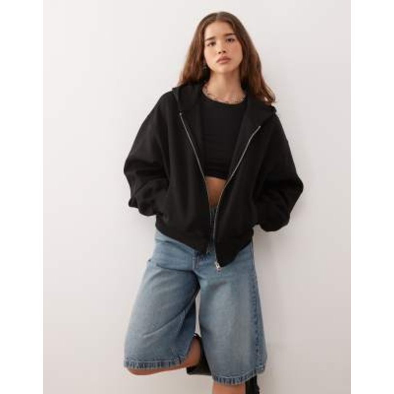 Weekday soft heavyweight jersey oversized zip hoodie in black